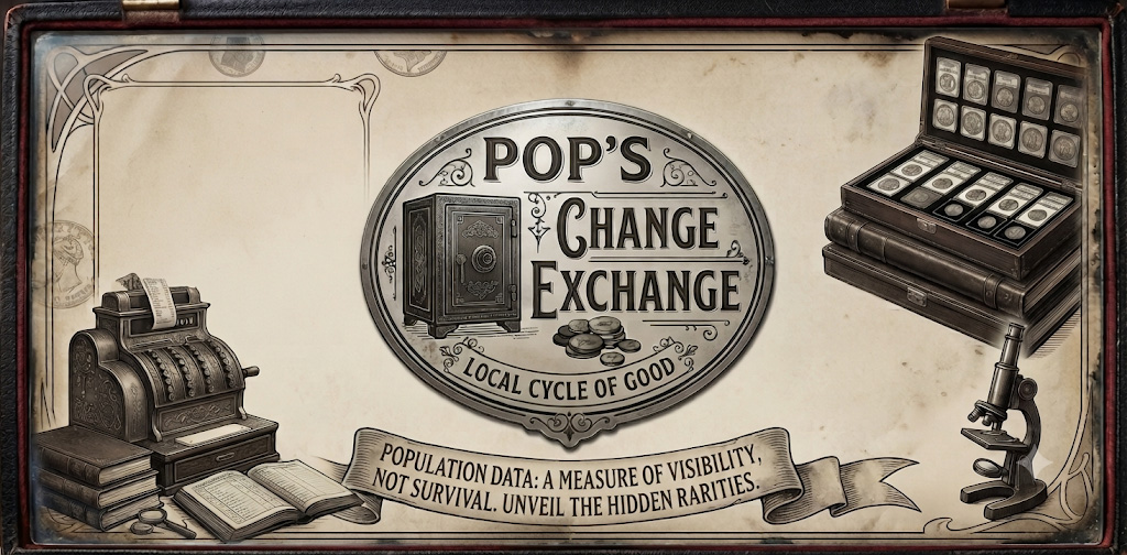 Illustrated Pops Change Exchange desk with a coin cabinet, books, a microscope, and a headline panel