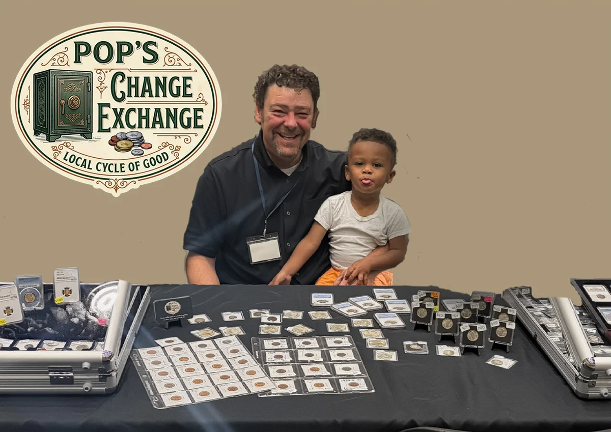 Pops and Zayden sharing their work with coins at Pops Change Exchange