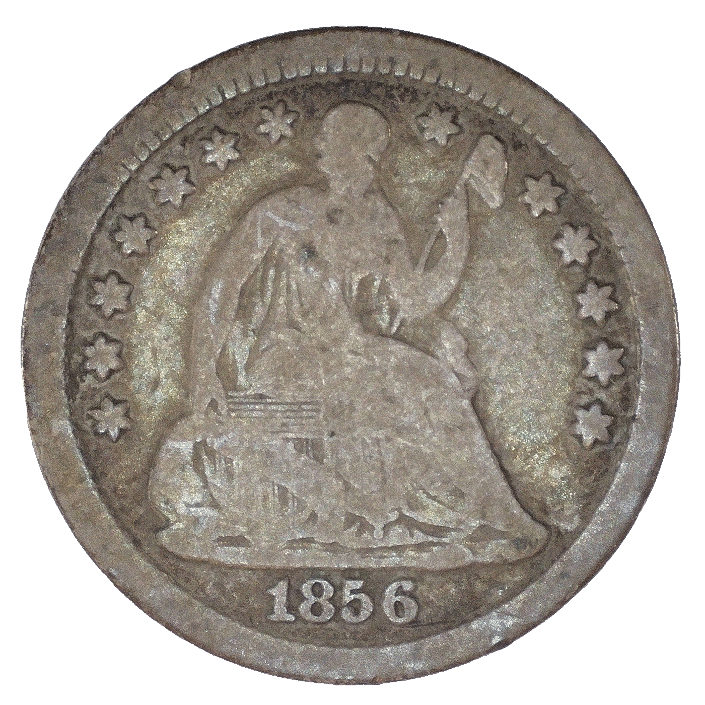 Obverse of an 1856 Seated Liberty half dime photographed at Pops Change Exchange